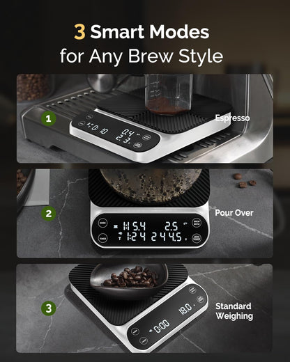 Maestri House S3 Coffee Scale with Timer, 3kg/0.1g Rechargeable Digital Scale, 3 Brew Modes, Adjustable Ratios & Flow Rate Display, Barista-Grade for Pour-Over, Espresso, French Press – Black