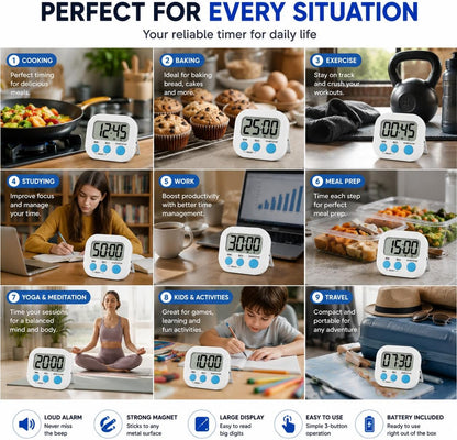 Digital Kitchen Timer for Cooking with Loud Alarm, Magnetic Countdown Timer, Large Display Big Digits Easy to Read, Count Up Stopwatch Timer for Baking Oven Kitchen Kids Classroom