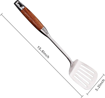 Slotted Spoon,304 Stainless Steel Skimmer Spoon with Heat Resistant Wooden Handle,Silver/15.8Inch