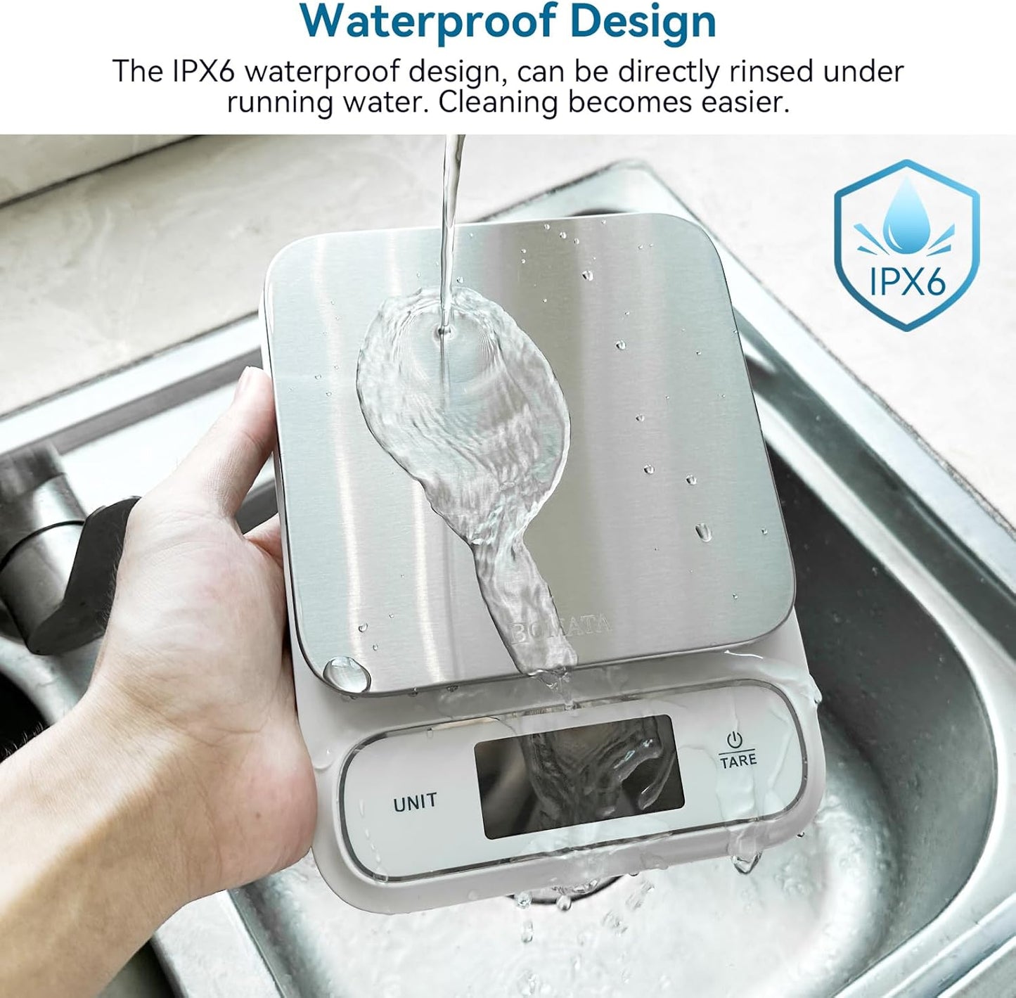 BOMATA Waterproof IPX6 Kitchen Scale, 0.1 g/0.01 oz High Precision, 5 kg/11 lbs, Digital Scale with Backlight, Stainless Steel Weighing Platform, for Food, Cooking, Baking, Weight Loss.. B619, Grey