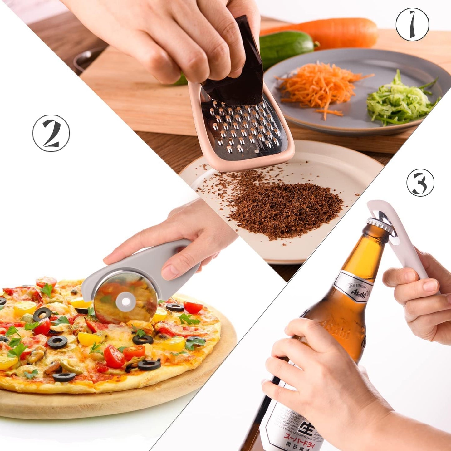 Kitchen Gadgets Set 5 Pieces, Space Saving Cooking Tools Kitchen Accessories - Fruit/Vegetable Peeler, Cheese/Chocolate Grater, Bottle Opener, Pizza Cutter, Garlic/Ginger Grinder Gift Set (Black)