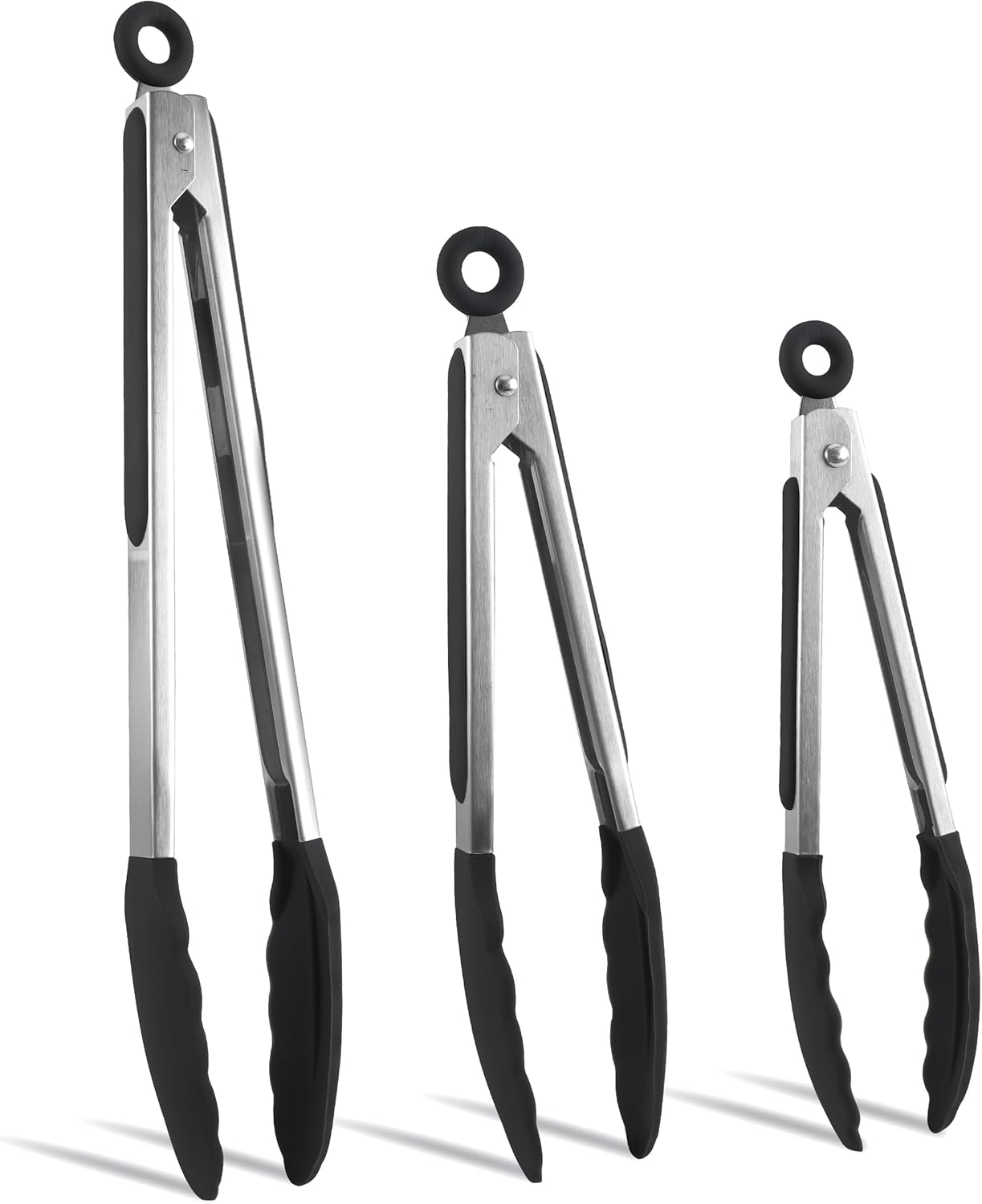 COOK WITH COLOR Stainless Steel Silicone Tipped Kitchen & BBQ Tongs Set, 3 Pc Utensils, Grey