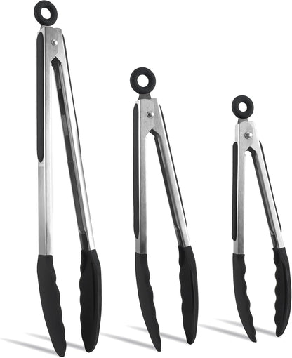 COOK WITH COLOR Stainless Steel Silicone Tipped Kitchen & BBQ Tongs Set, 3 Pc Utensils, Grey
