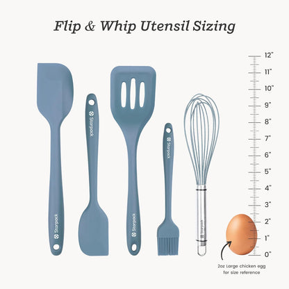 Starpack 'Flip & Whip' Premium Silicone Baking Utensils Set (5 Pcs) - 10" Green Cooking Utensils with Large and Small Spatulas, Whisk and Basting Brush - Heat Resistant to 600°F - Baking Tool Set