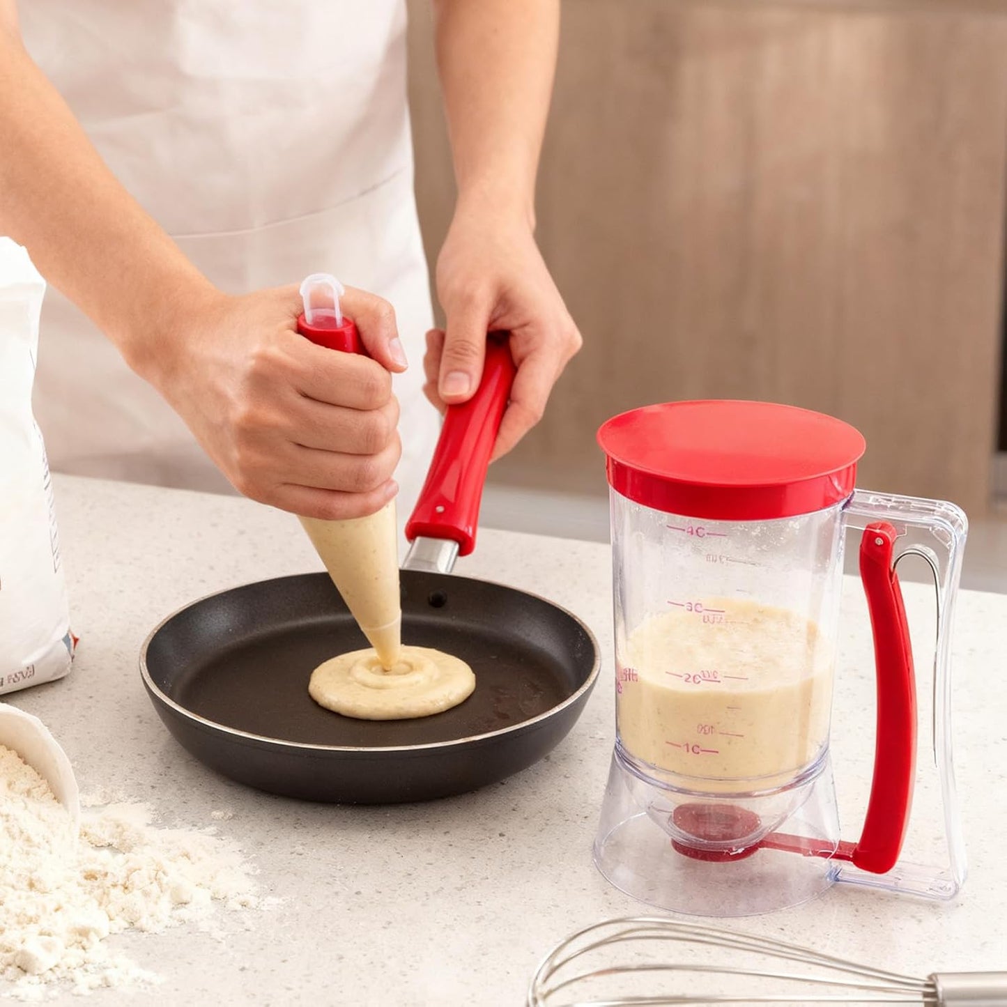 Pancake Batter Dispenser - Cookie Cupcake Cupcakes Waffle Waffles Separator Tool with Squeeze Handle, Easy Pour & Measuring Label for Griddle, Baking Supplies, Crepe & Cake Muffin Mix, Purple