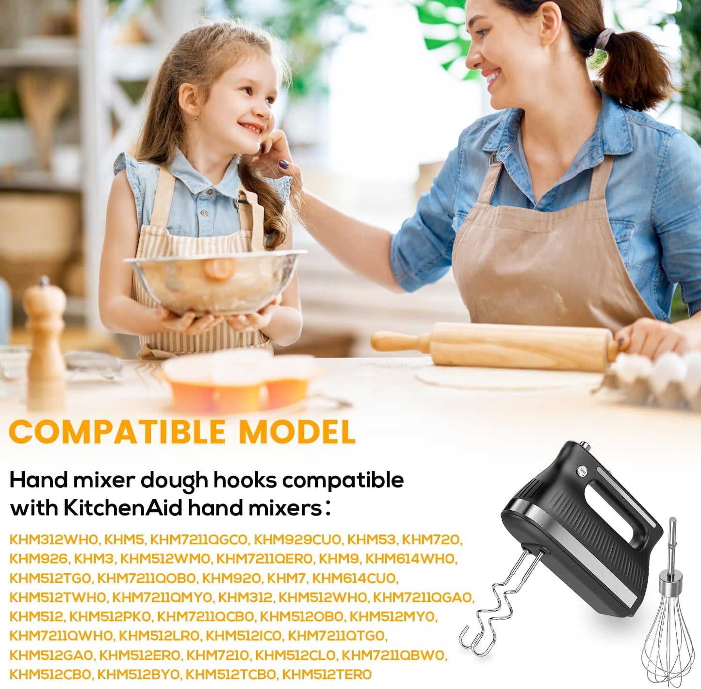 6 Pcs Hand Mixer Beater Attachments for KitchenAid Hand Mixers KHM3 KHM5 KHM7 KHM9, Stainless Steel Hand Mixer Beaters, Whisk, Blending Rod and Dough Hooks