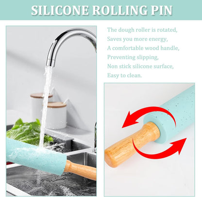 Silicone Rolling Pin for Baking,15Inch Pastry Dough Roller with Wooden Handle,Non Stick Surface Rolling Pin for Dough Cookie Pastry Tapered Dumpling Baking Supplies Kitchen Accessories