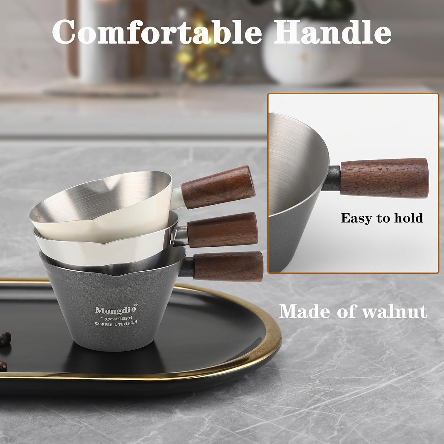 Mongdio Espresso Measuring Cup, Stainless Steel Espresso Shot Cups with Wooden Handle and Double Spouts, 6.8OZ/200ML, White