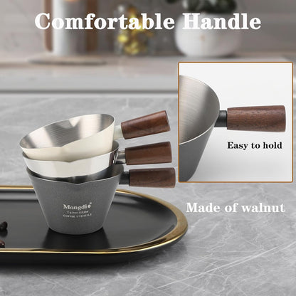 Mongdio Espresso Measuring Cup, Stainless Steel Espresso Shot Cups with Wooden Handle and Double Spouts, 6.8OZ/200ML, White