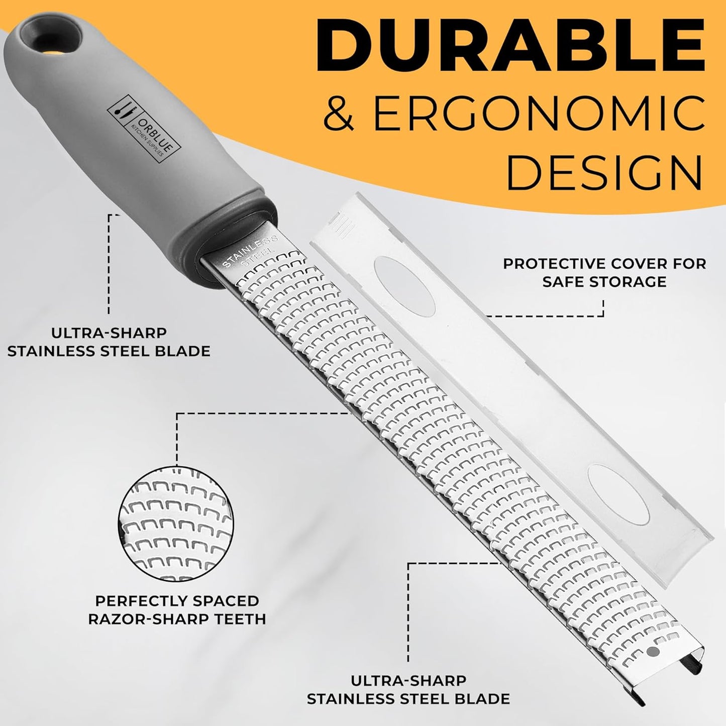 Orblue Lemon Zester & Cheese Grater - Premium Citrus Zester, Kitchen Grater for Parmesan, Chocolate, Fruits, Vegetables, Ginger, Garlic, Nutmeg - Stainless Steel Blades with Protective Cover, Black
