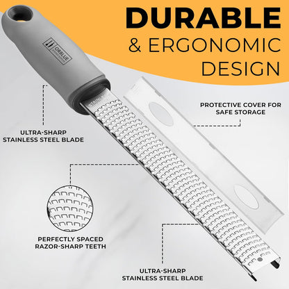 Orblue Lemon Zester & Cheese Grater - Premium Citrus Zester, Kitchen Grater for Parmesan, Chocolate, Fruits, Vegetables, Ginger, Garlic, Nutmeg - Stainless Steel Blades with Protective Cover, Black