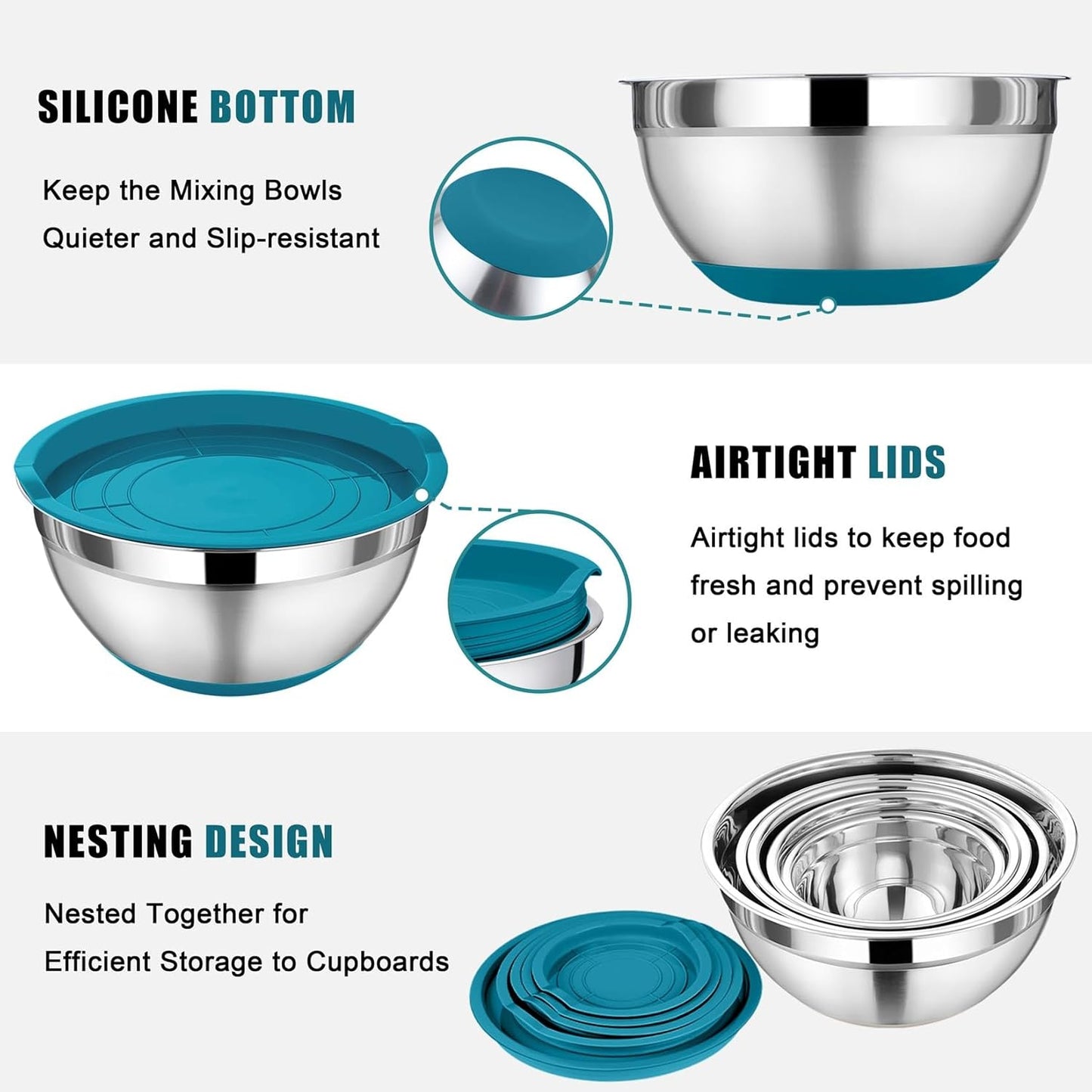 P&P CHEF Mixing Bowl with Lid Set, 5 Piece Stainless Steel Mixing Nesting Bowls for Salad Storage, 3 Grater Attachments & Non-Slip Bottoms, Size 1/1.5/2 / 2.6/4.6 QT, Multicolor