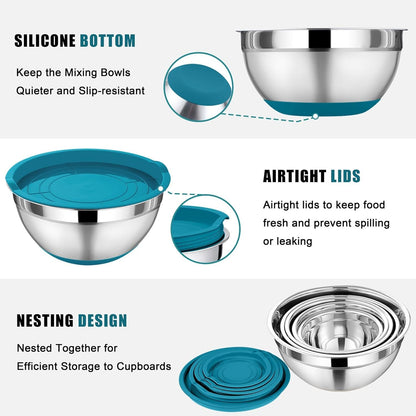 P&P CHEF Mixing Bowl with Lid Set, 5 Piece Stainless Steel Mixing Nesting Bowls for Salad Storage, 3 Grater Attachments & Non-Slip Bottoms, Size 1/1.5/2 / 2.6/4.6 QT, Multicolor