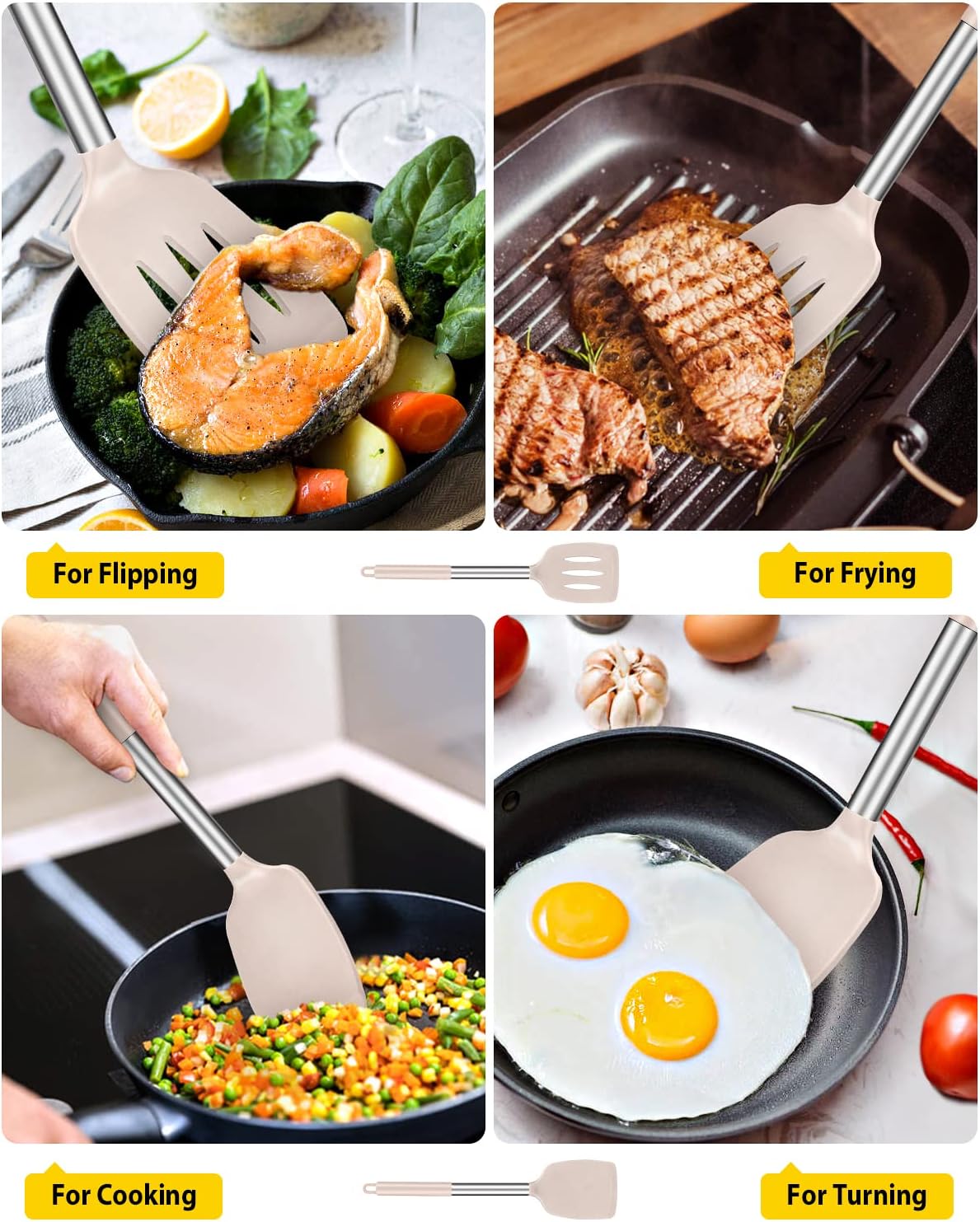 Pack of 2 Silicone Solid Turner, Non Stick Slotted Kitchen Spatulas, High Heat Resistant BPA Free Cooking Utensils, Ideal Cookware for Fish, Eggs, Pancakes(Black)