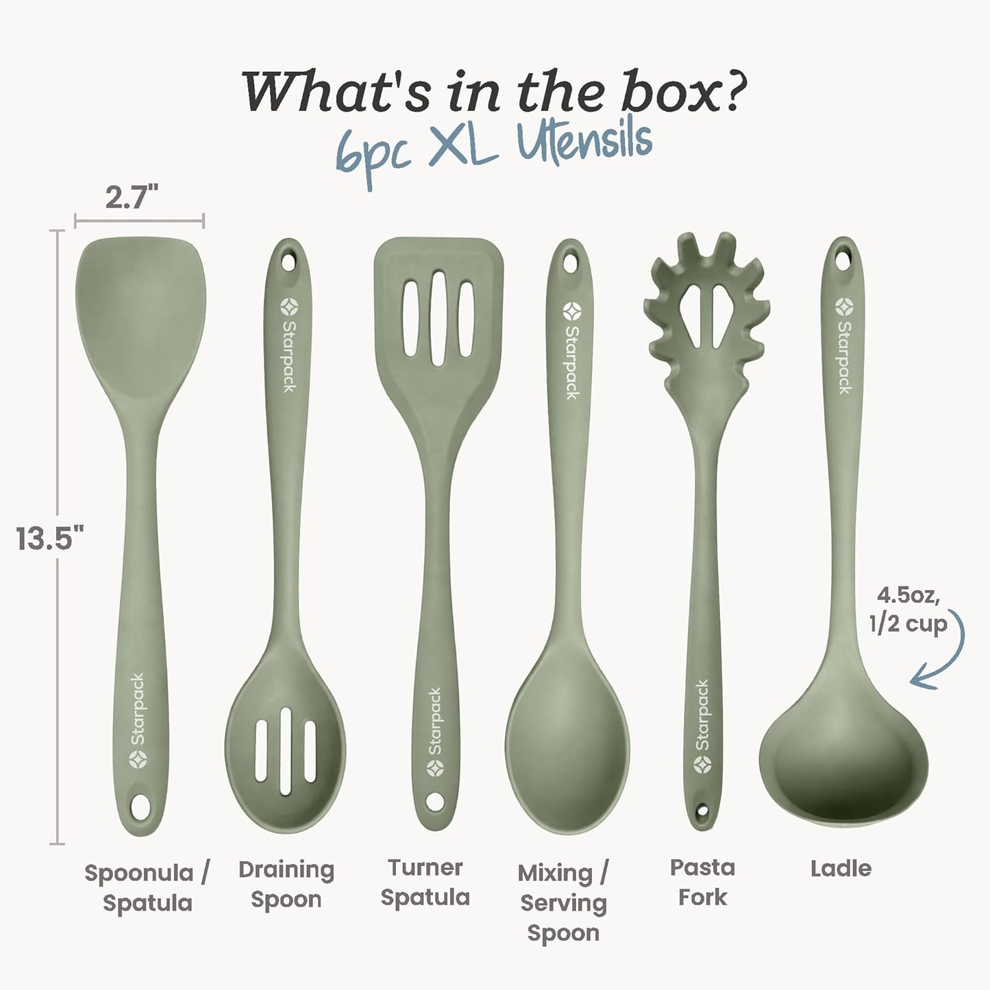 Starpack Like a Boss XL Silicone Cooking Utensils Set (6-Piece, 13.5") - LFGB Certified, 600°F Heat Resistant, BPA-Free - Heavy-Duty Steel Core, Dishwasher Safe - for Nonstick Cookware, Sage Green