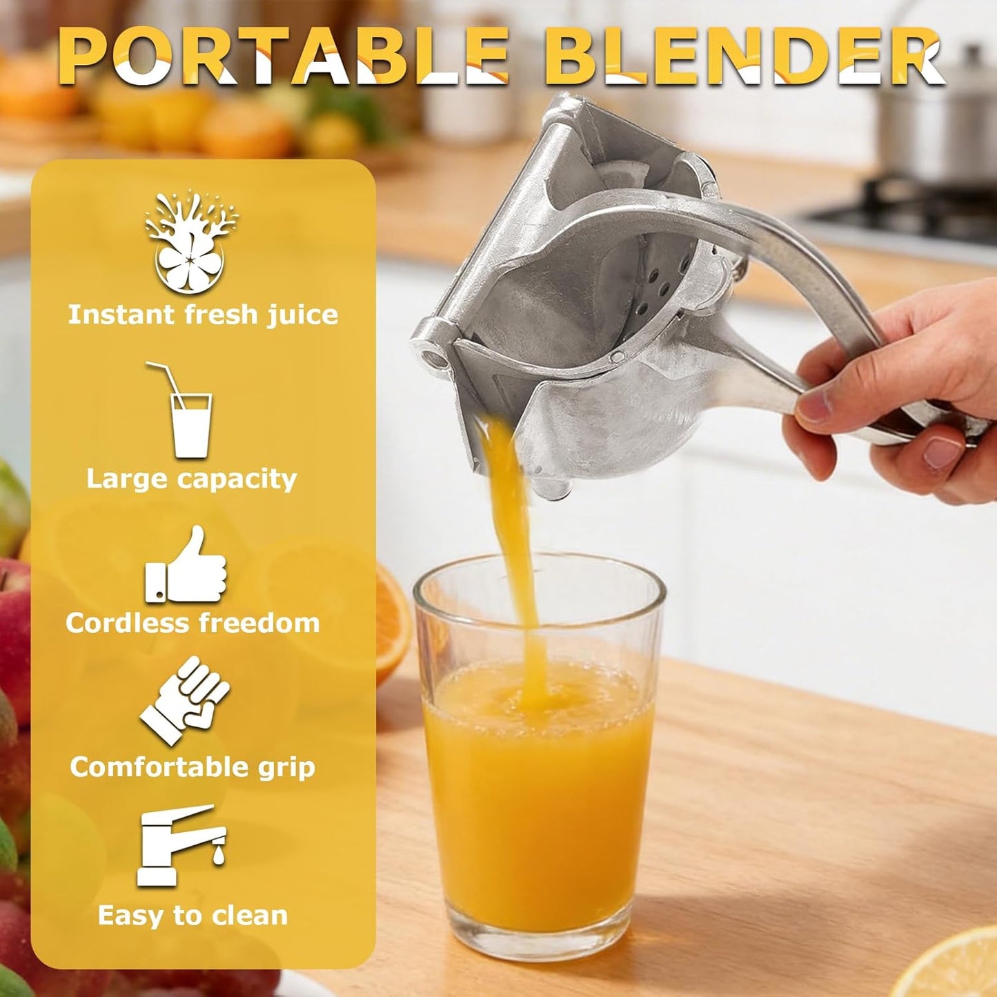 Fresh Fruit Juice Squeezer Handheld Aluminum Alloy,Hand Juicer Squeezer Lemon,Non-Slip Ergonomic Grip,Easy to Clean for Orange, Lemon, And Watermelon,with Two Beverage Bottles And A Cleaning Brush.