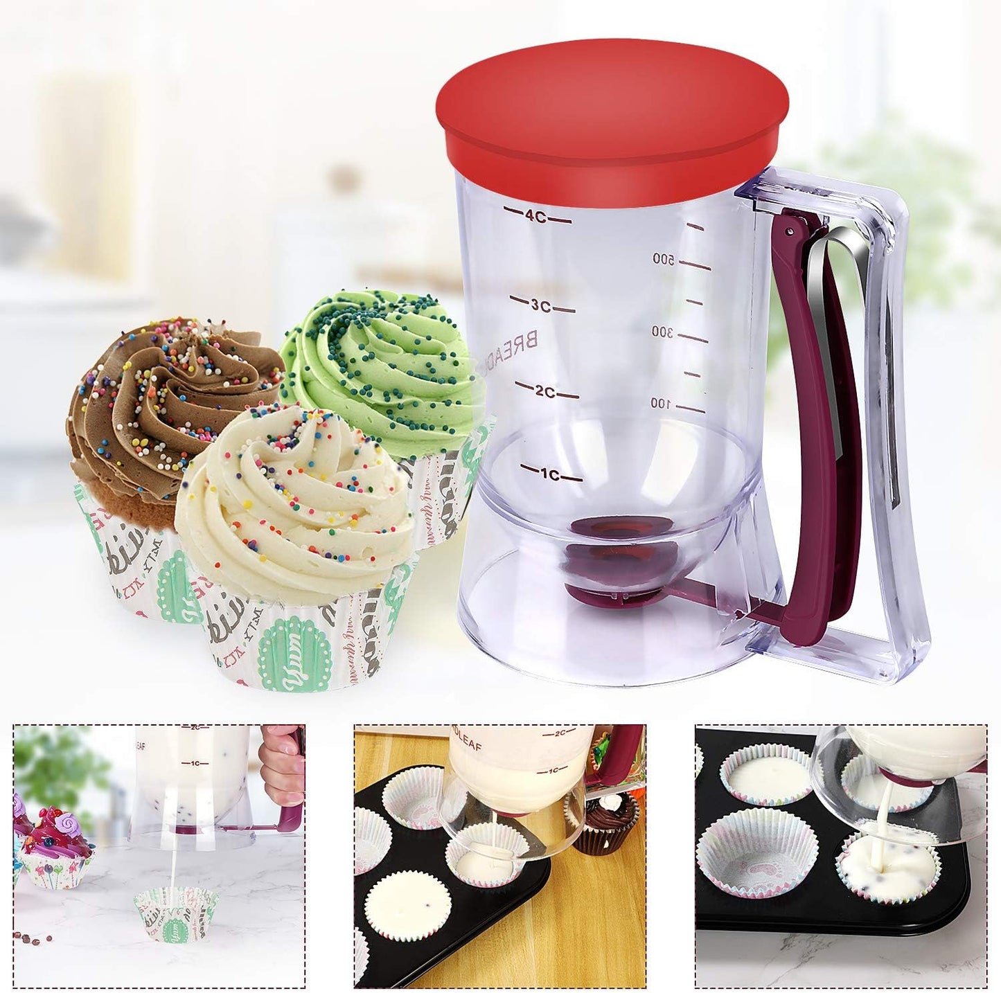 BBSTARZ Pancake Batter Dispenser – 4-Cup Batter Dispenser with Squeeze Handle & Measuring Marks for Pancakes, Waffles, Muffins, Crepes & Cupcakes – Baking Tool(Red)