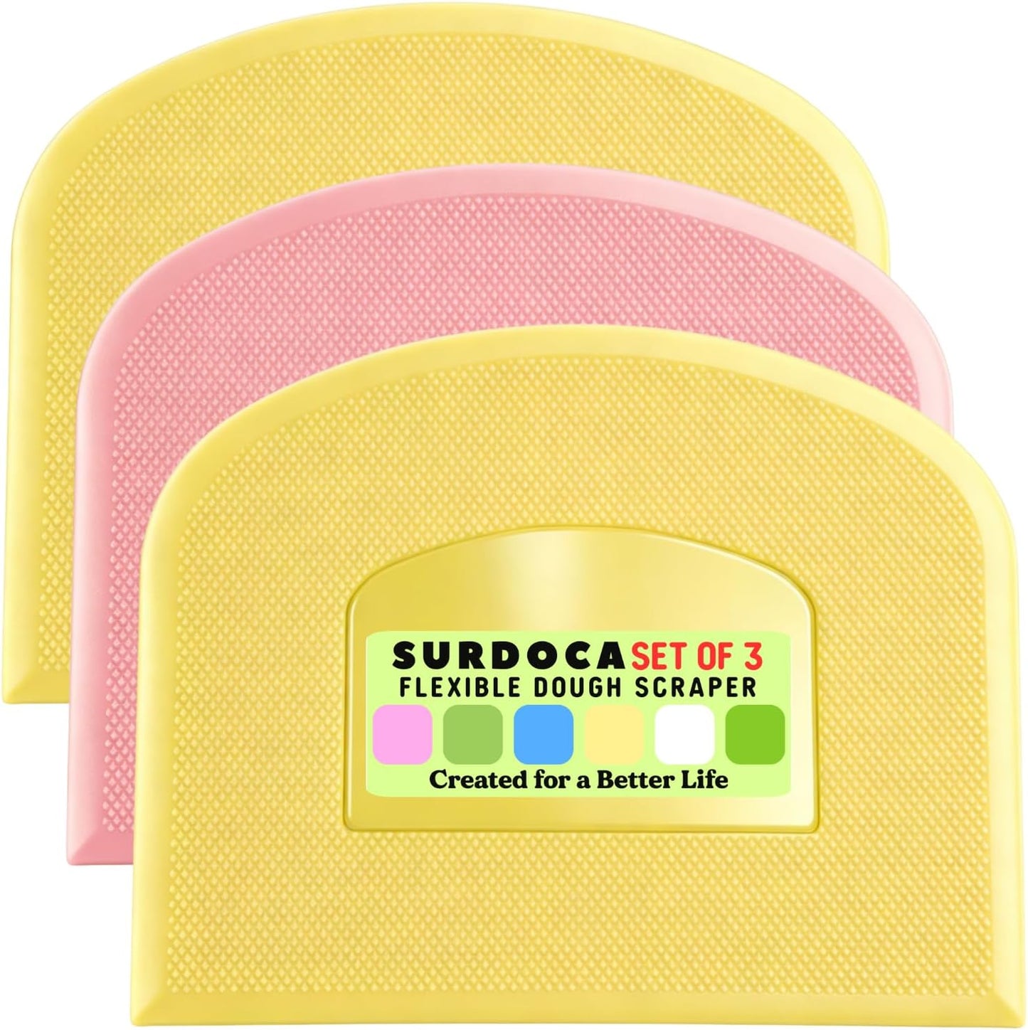 SURDOCA Dough Scraper Bench Scraper - 3P 4.7x3.7" Plastic Flexible Bowl Scraper, Sharp Edge & Angles Cake Scraper. Non-Slip Bakeware Decorating Tools Sculpting & Modeling Tools - Green+White+Green - Colors B