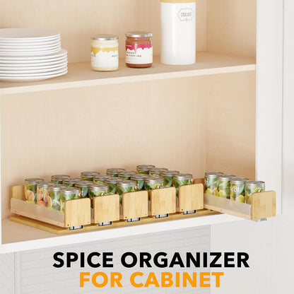 SpaceAid Bamboo Pull Out Spice Rack Organizer for Cabinet, Heavy Duty Slide Out Seasoning Kitchen Pantry Sliding Vertical Organization, 7.6" Wide, 3 Drawers(2" Wide), 2-Tier, Natural