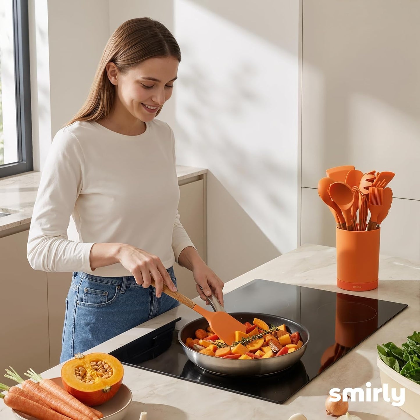 SMIRLY Kitchen Utensils Set – 22-Piece Silicone Cooking Utensils Set, Spatula Set with Holder, Wooden Handle Silicone Kitchen Gadgets for Nonstick Cookware