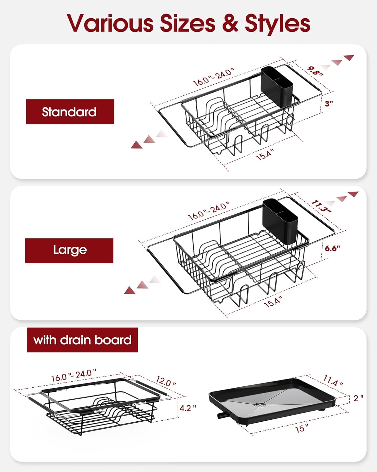 Sakugi Dish Drying Rack in Sink - Expandable Stainless Steel Dish Rack Over the Sink, Kitchen Sink Drain Strainer with Cutlery Holder & Cup Holders, 15.4 x 9.8 x 3.0 Inch, Silver