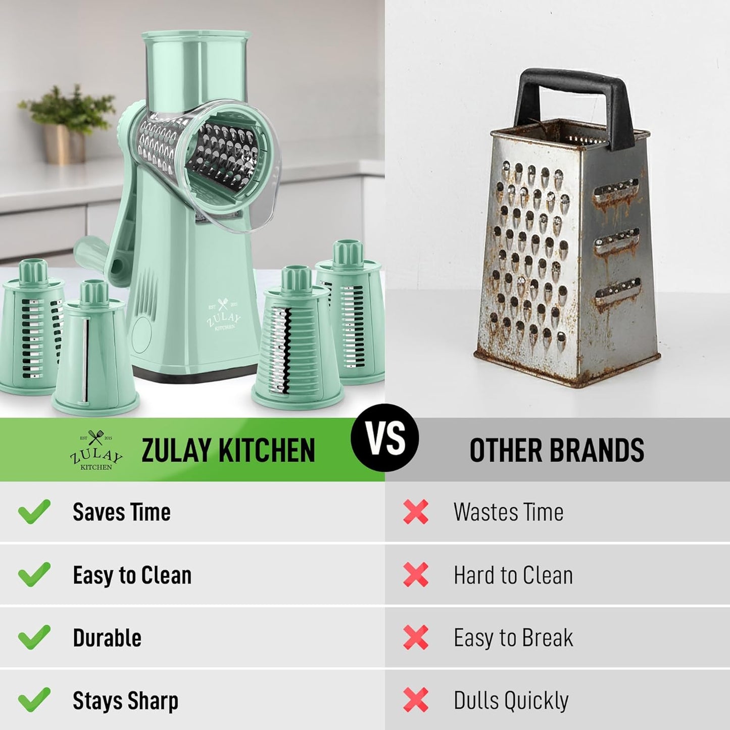 Zulay Kitchen Rotary Cheese Grater 5 Blade Cheese Shredder - Manual Hand Crank Cheese Grater With Reinforced Suction & 5 Interchangeable Drums - Easy to Use, Vegetable Chopper Round Mandoline Slicer - Colors B