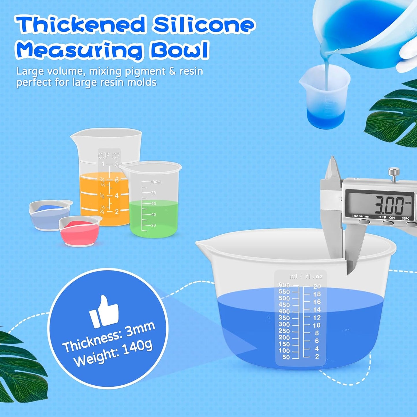 Silicone Resin Mixing Measuring Cups for Resin Supplies, Easy-to-read Marks, 600ml/20oz Bowl, 250&100ml Thickened Reusable Silicone Cups for Epoxy Mixing, with Stir Sticks, Jewelry Making