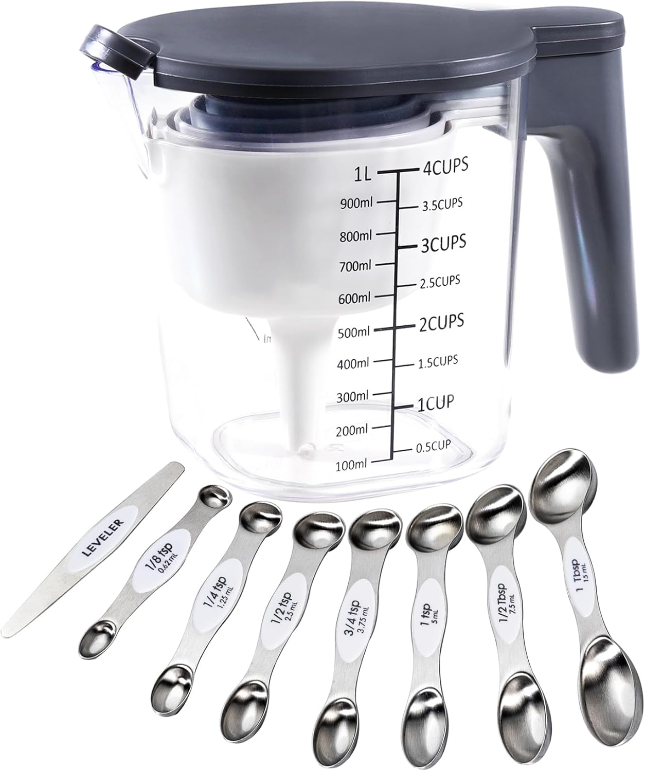 19 Pieces Measuring Cups and Spoons set, Includes 10 Stackable Measuring Cup with Lid and 9 Magnetic Measuring Spoons, Tablespoon for Liquid and Dry, BPA Free, Dishwasher Safe (Black)