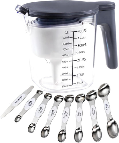 19 Pieces Measuring Cups and Spoons set, Includes 10 Stackable Measuring Cup with Lid and 9 Magnetic Measuring Spoons, Tablespoon for Liquid and Dry, BPA Free, Dishwasher Safe (Black)