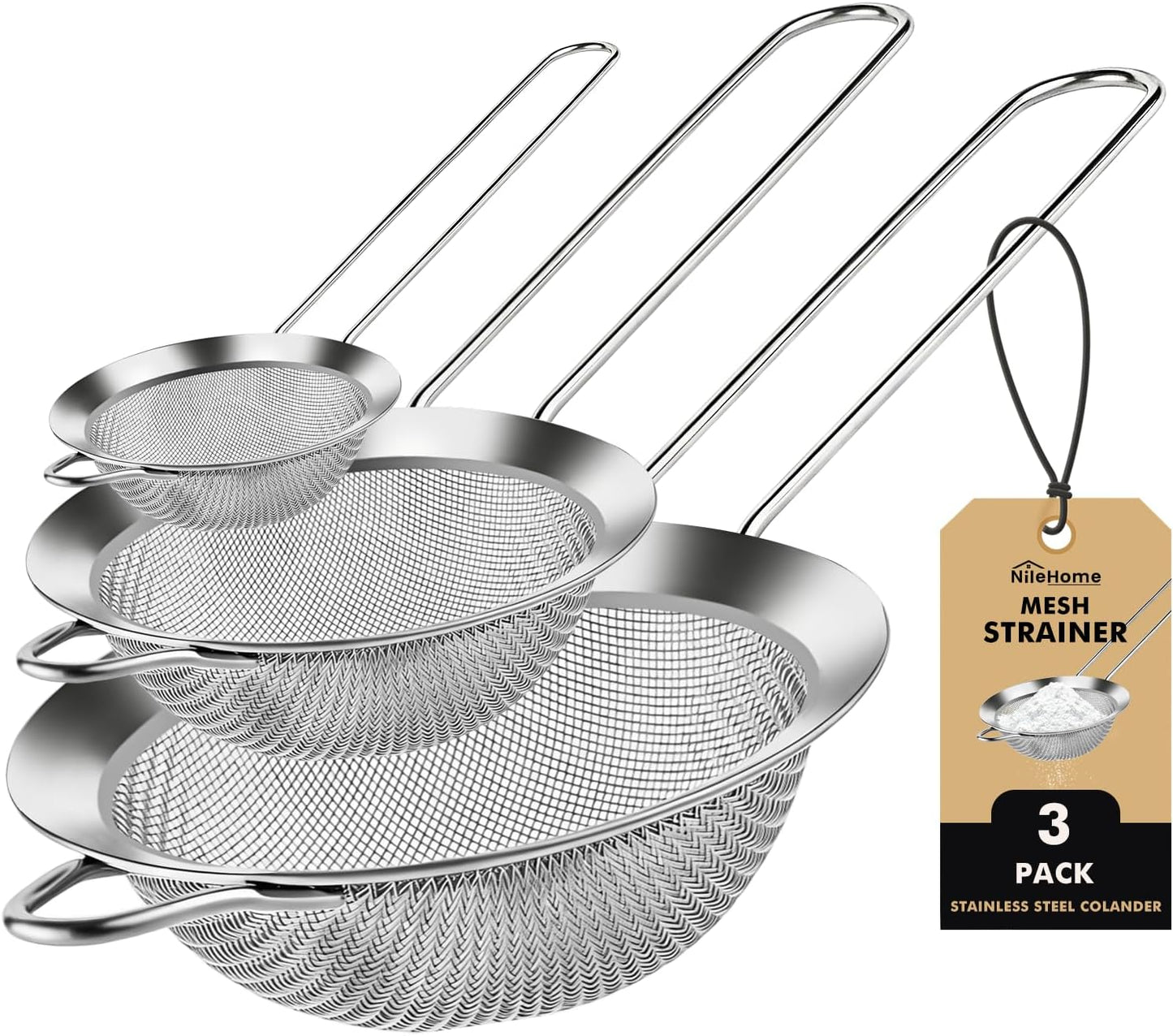 NileHome 3 Piece Mesh Strainers, Stainless Steel Strainer for Sifting, Straining, Cooking Kitchen Strainers Fine Mesh for Flour, Pasta, Loose Tea, Fruit, and Rice, Silver