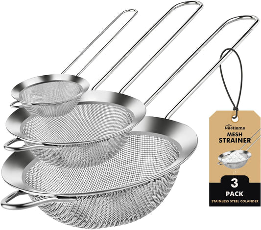 NileHome 3 Piece Mesh Strainers, Stainless Steel Strainer for Sifting, Straining, Cooking Kitchen Strainers Fine Mesh for Flour, Pasta, Loose Tea, Fruit, and Rice, Silver