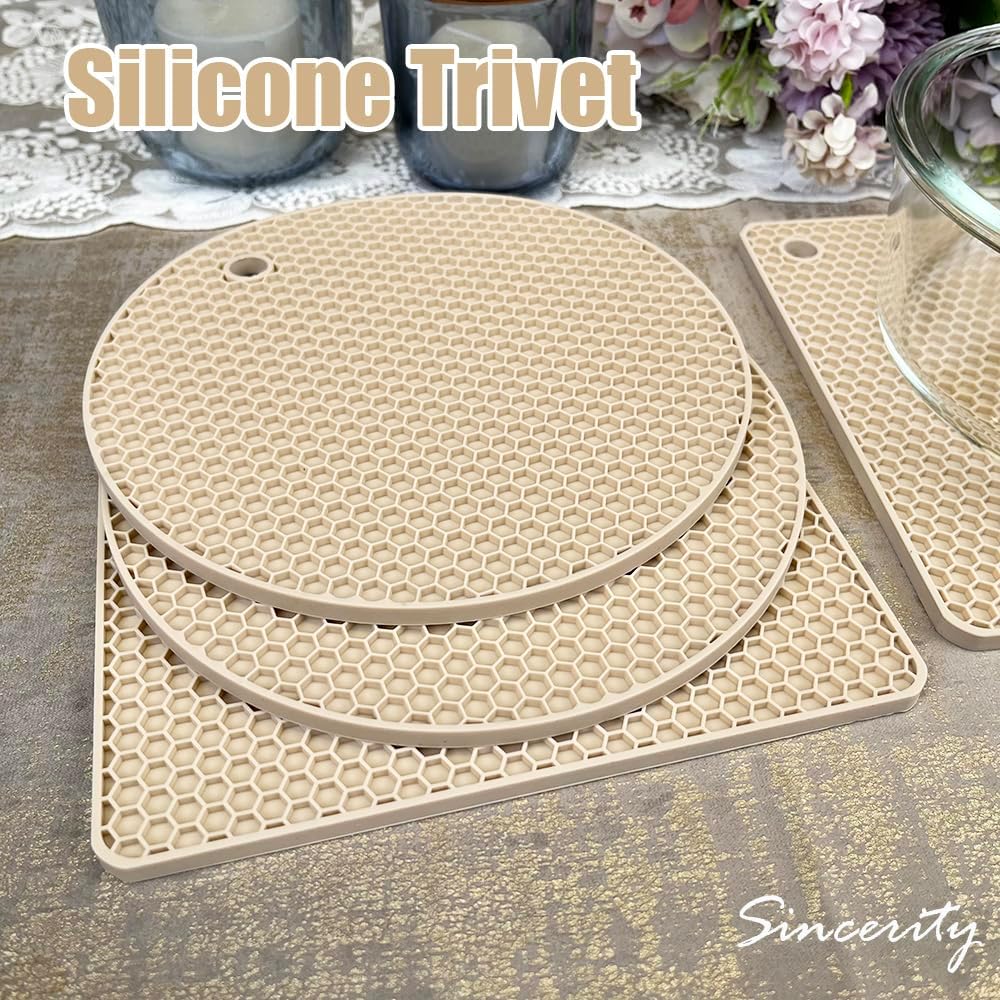 4 Pieces Silicone Trivet Mats, Pot Holders, Kitchen Tools, Heat Resistant Non-Slip Durable Pads for Dishes, Bowls, Jar Opener, Easy to Wash and Dry Pan Cushions (Beige)