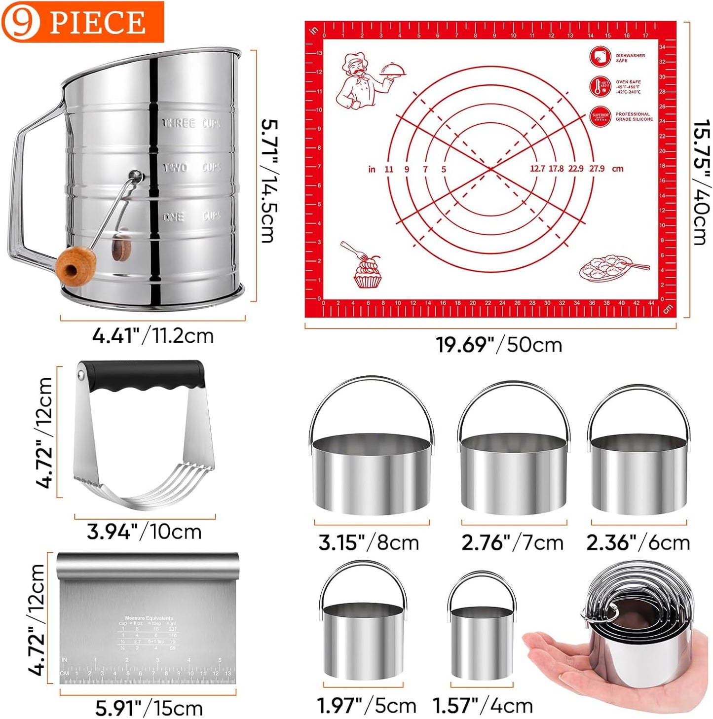 9PCS Stainless Steel Pastry Blender Set, 3 Cup Flour Sifter, Biscuit Cutter, Pastry Cutter, Dough Cutter, Silicone Baking Mats, for Cooking Cookies and Donuts, Cakes, Biscuits or Making Pancakes