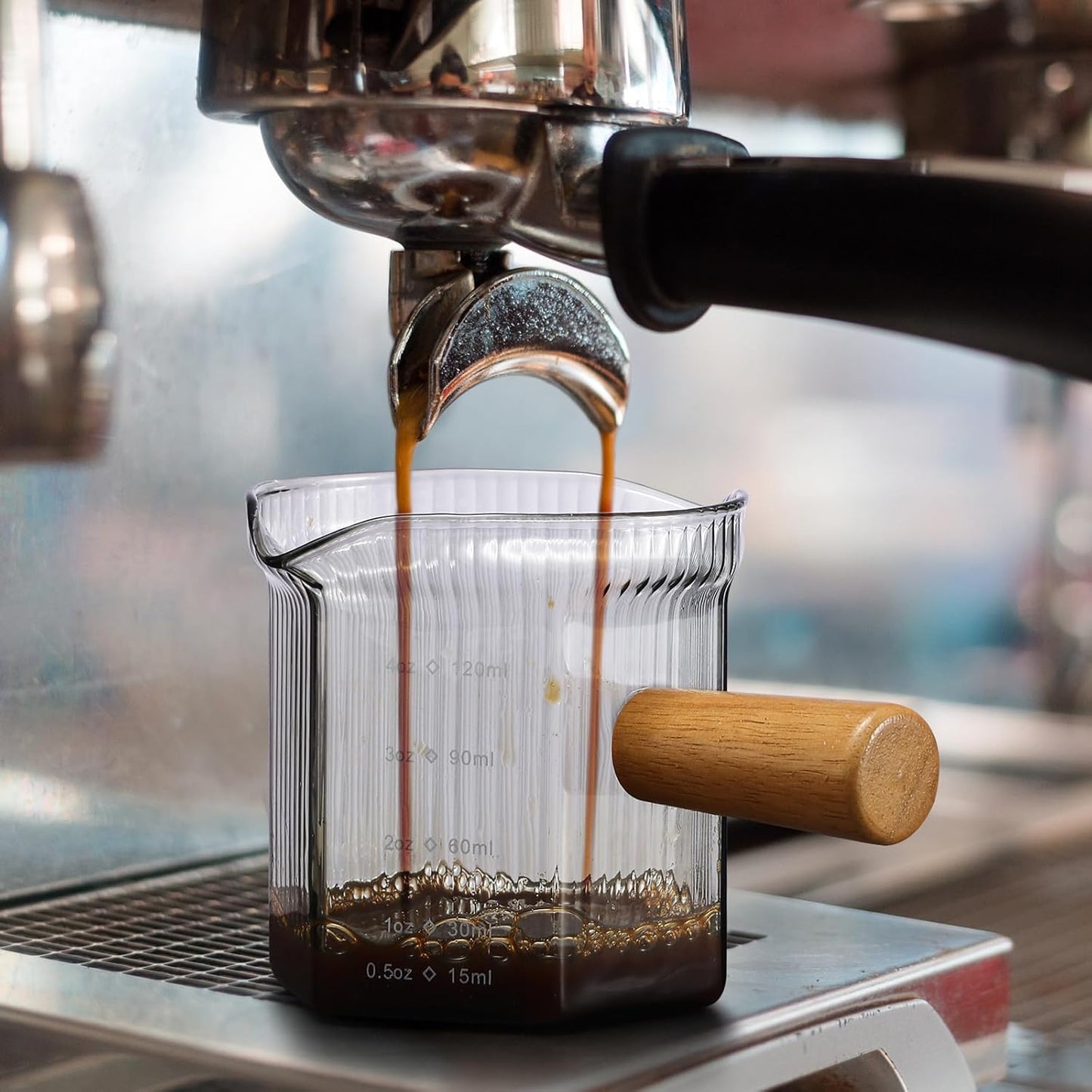 Espresso Cups 6 OZ, V-Shaped Spouts Cups, Espresso Shot Glasses with Wood Handle, Ribbed Milk Measuring Cup