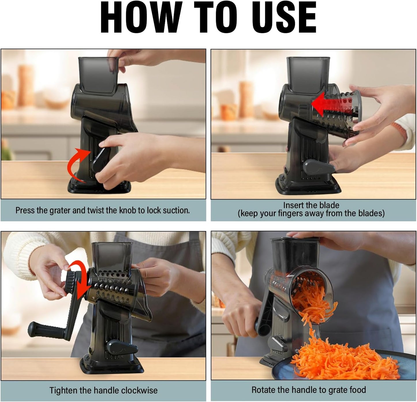 Rotary Cheese Grater, 3-in-1 Manual Vegetable Slicer with Handle, Safer Kitchen Mandoline Shredder with Suction Base for Cheese, Nuts, Potatoes & Salads – Easy to Clean (Smoke Grey)
