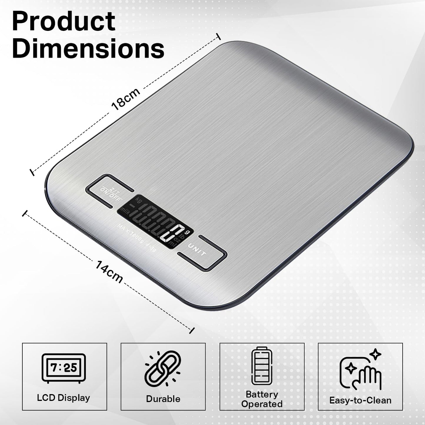 Food Kitchen Scale, Digital Food Scale with LCD Display Weight Measurement, 304 Stainless Steel, Kitchen Essentials and Accessories for Baking Cooking and Meal Prep