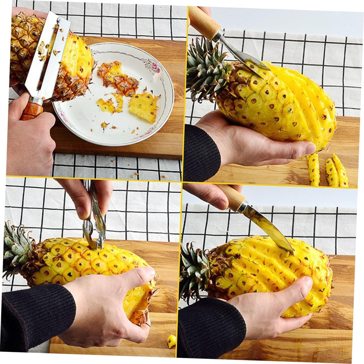 Healifty 4pcs Stainless Steel Pineapple Peeler Corer Strawberry Huller Fruit Slicer Kitchen Tool