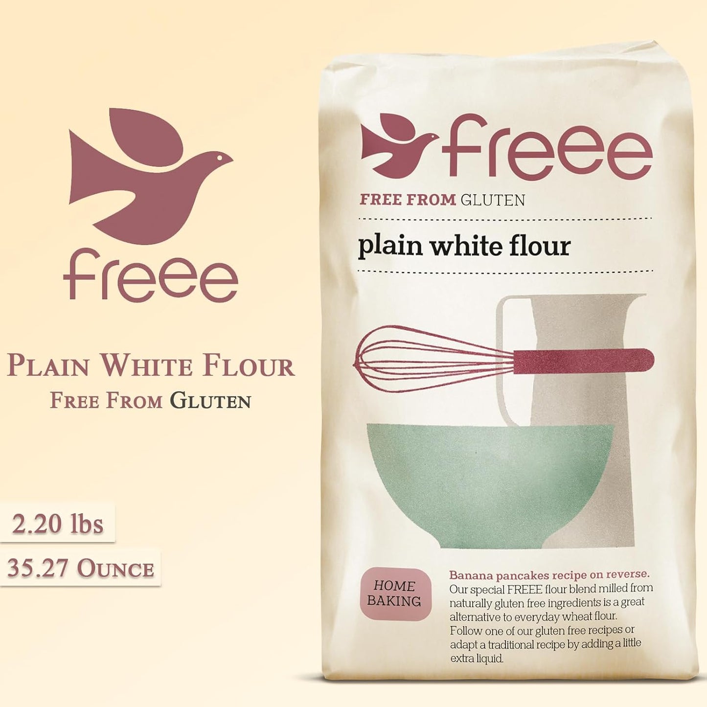 freee Plain White Flour Bag 2.2 lb (1 kg) | Gluten Free All-Purpose Flour Blend for Baking Bread, Cakes, Pastries & Cookies | Vegan, Kosher, Halal Certified | Imported from UK
