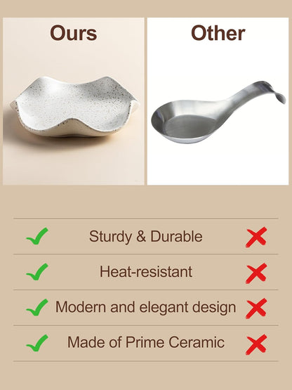 Miamolo Spoon Rest for Stove Top, Spoon Holder for Stove, 5.3In Ceramic Spoon Rest for Kitchen Counter, Coffee Spoon Holder with Ruffled Edge, Farmhouse Spatula Holder for Kitchen Decor, Beige