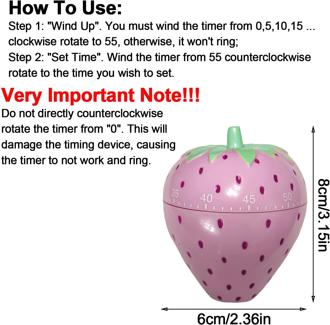 Cute Fruit Cookie Kitchen Timer | Novelty Manual Cooking Alarm | Fun Shaped Mechanical Strawberry Windup for Home Desktop Decor