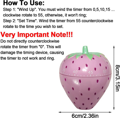 Cute Fruit Cookie Kitchen Timer | Novelty Manual Cooking Alarm | Fun Shaped Mechanical Strawberry Windup for Home Desktop Decor