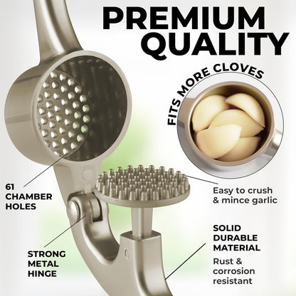 Zulay Kitchen Premium Garlic Press Set - Rust Proof Professional Garlic Mincer Tool - Easy-Squeeze, Easy-Clean with Soft, Ergonomic Handle - Silicone Garlic Peeler & Brush (Silver)