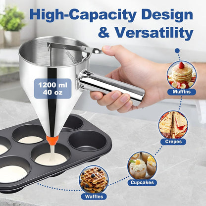 Pancake Batter Dispenser,40oz Stainless Steel Funnel Cake Dispenser,with Lids,Stand,4 Silicone Nozzles,Brush,Egg Beater,Easy Control Batter Dispenser for Pancakes,Cupcakes, Funnel Cakes,Muffins & More