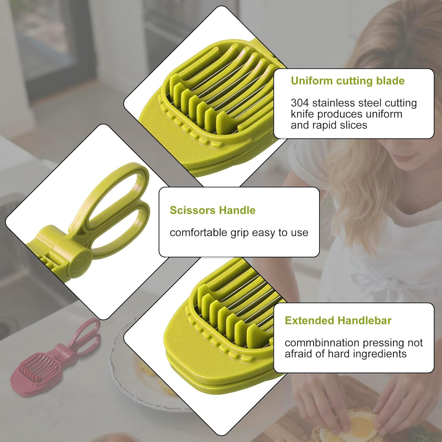 Fruit Slicer, Strawberry, Banana, Kiwi Cutter, Egg Slicer for Hard Boiled Eggs, for Fruit Sausages, Cucumbers, Mushroom Cutter, Rapid & Safe Slicing Kitchen Gadgets (Red)