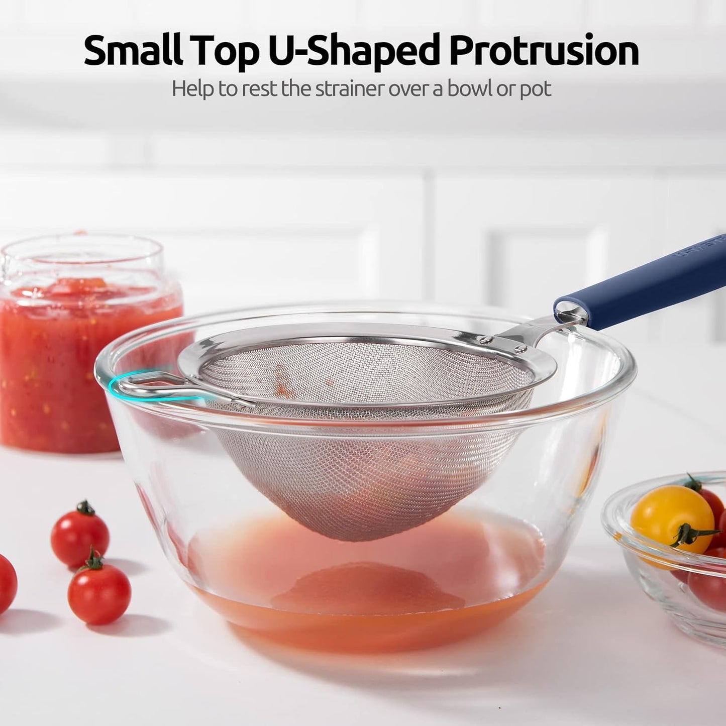 18/8 Stainless Steel Mesh Strainer: U-Taste 5.5 Inch Kitchen Fine Mesh Sieve Food Colander with Riveted Sturdy Silicone Handle and 30 Mesh Hole for Straining Flour, Pasta, Fruit, Quinoa(Aqua Sky)