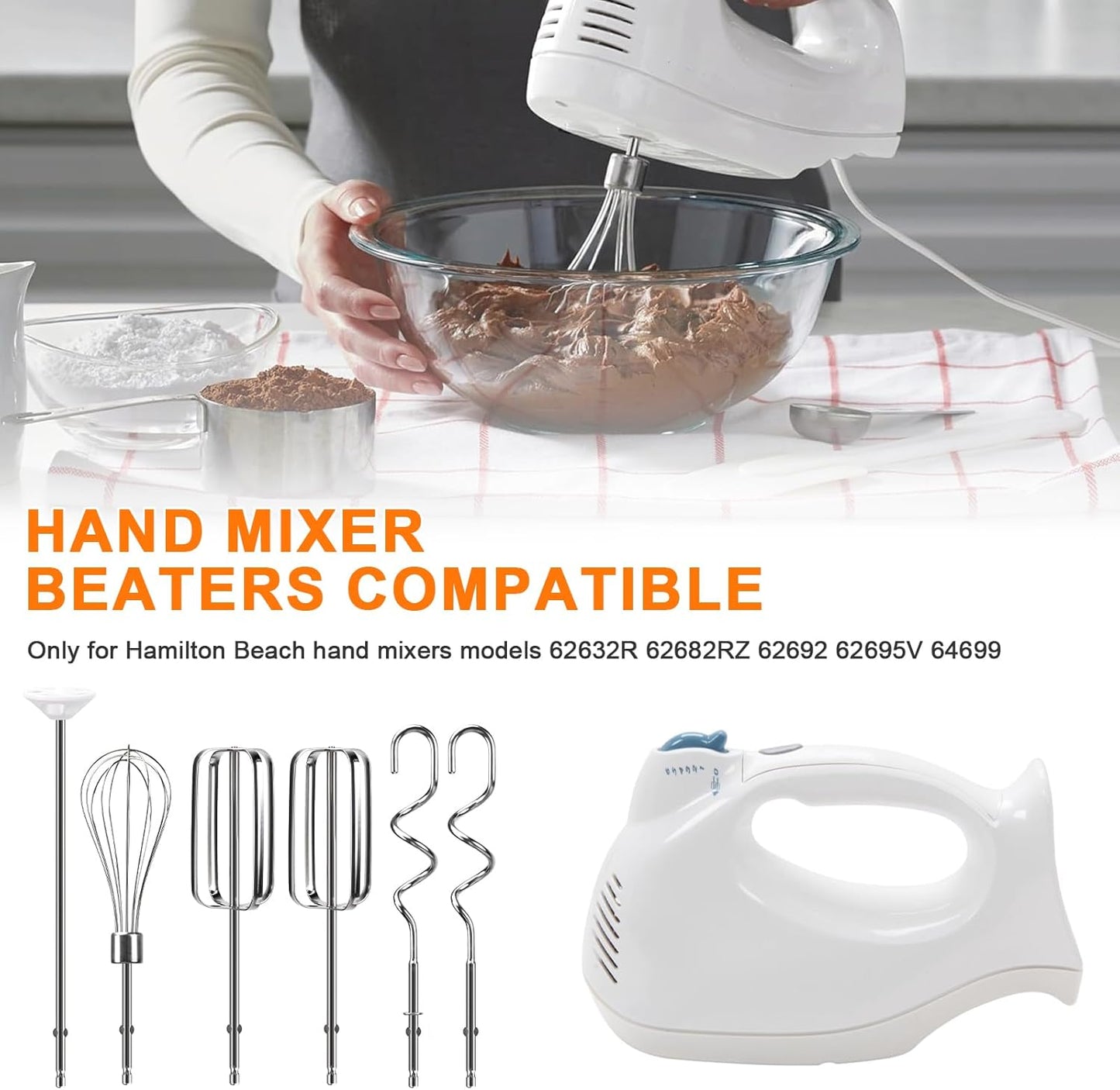 Hand Mixer Beaters Attachments Compatible with Hamilton Beach, Replacement Beater, Dough Hook, Blending Rod, Whisk Parts for 62632R, 62682RZ, 62692, 62695V, 64699 Handheld Mixers Blender - 6 Pack