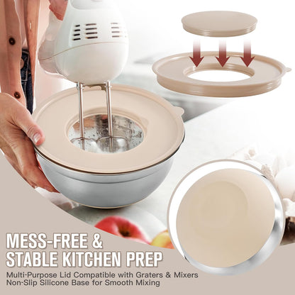 31PCS Mixing Bowls with Lids Set, 5.5QT to 0.6QT Stainless Steel Nesting Bowls with Graters, Large Khaki Bowls & 21 Measuring Cups and Spoons Set Kitchen Appliances for Mixing, Baking, Food Storage