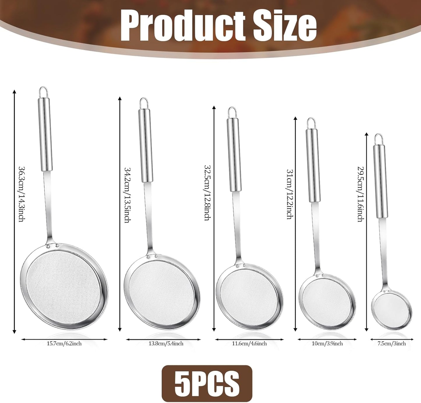 5 Pack Fine Mesh Skimmer Spoon Slotted Spoon Stainless Steel Hot Pot Fat Strainer Metal Food Strainer for Separation of the Floating Foam, Fat, Grease, Kitchen Cooking Mesh Food Strainers