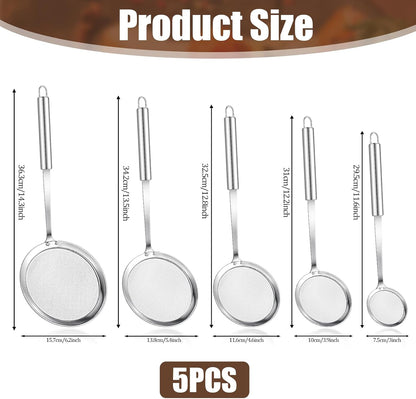 5 Pack Fine Mesh Skimmer Spoon Slotted Spoon Stainless Steel Hot Pot Fat Strainer Metal Food Strainer for Separation of the Floating Foam, Fat, Grease, Kitchen Cooking Mesh Food Strainers