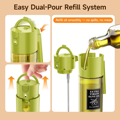 500ml Green Olive Oil Sprayer, Dark-Tinted Glass Spray Bottle for Salad, Air Fryer Vegetables, Controlled Oil Use, Refillable 2-in-1 Dispenser